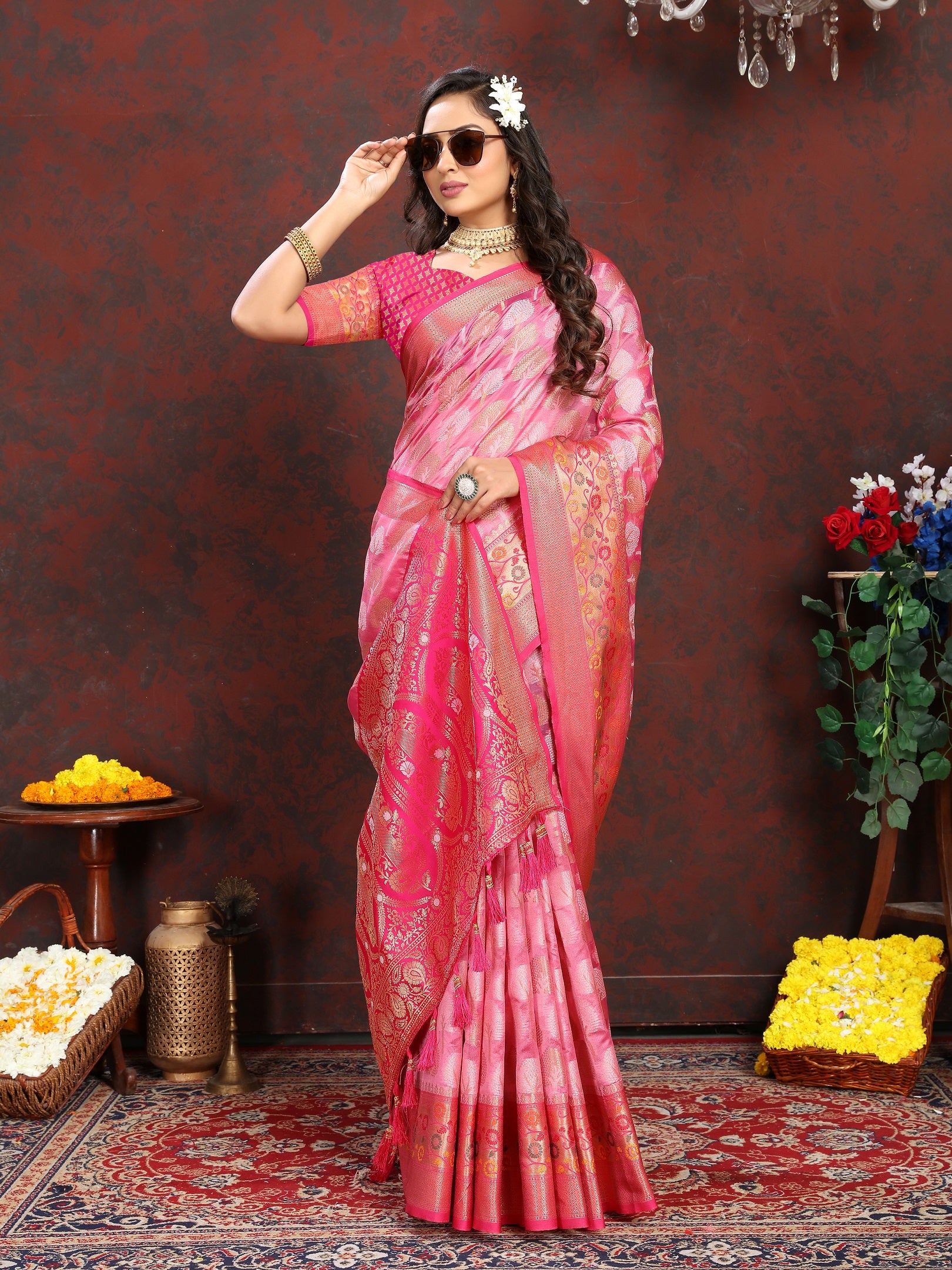 Vedant Vastram Pink Color Kanjeevaram Organza Silk Saree - Pink - Distacart