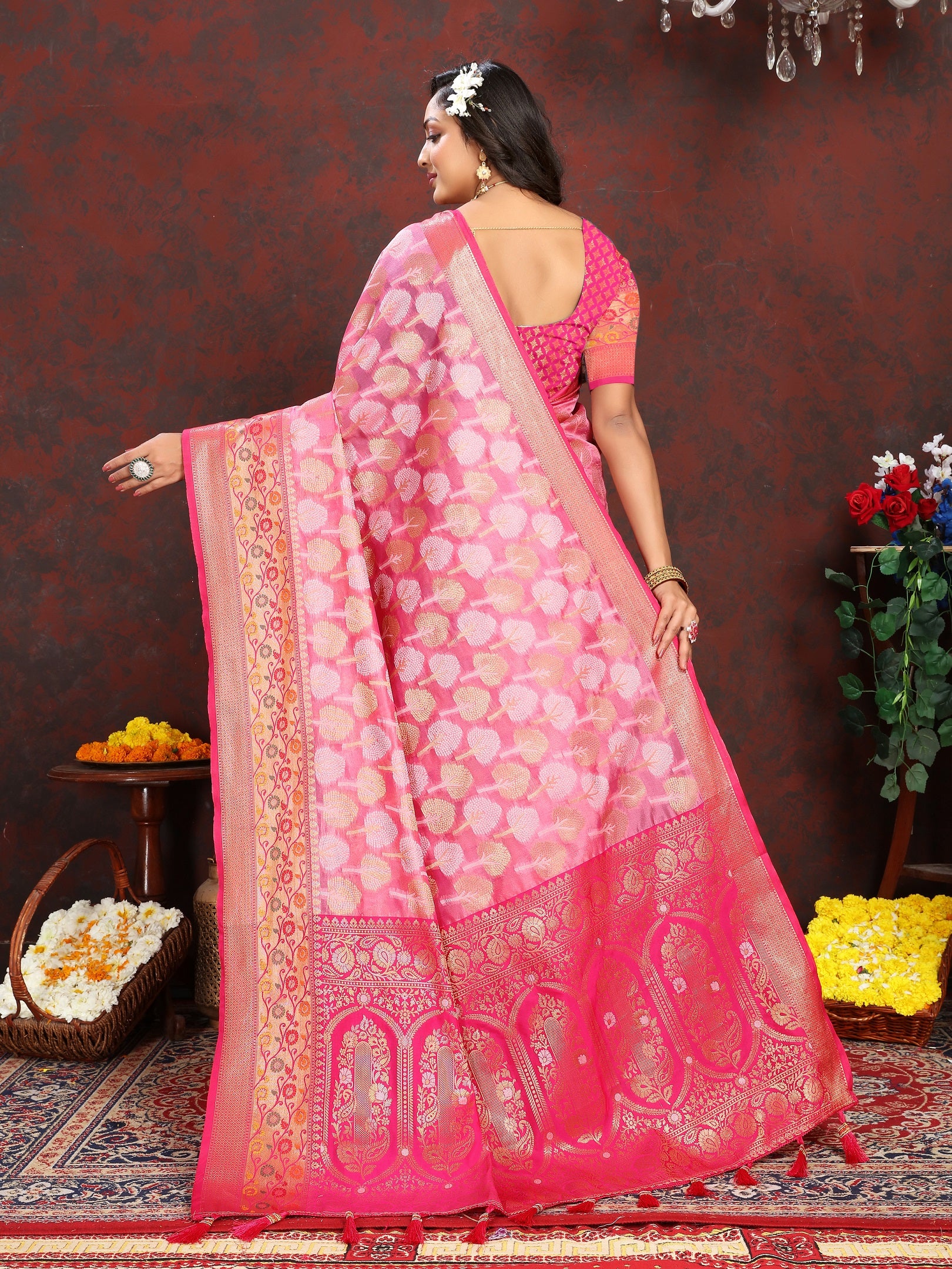 Vedant Vastram Pink Color Kanjeevaram Organza Silk Saree - Pink - Distacart