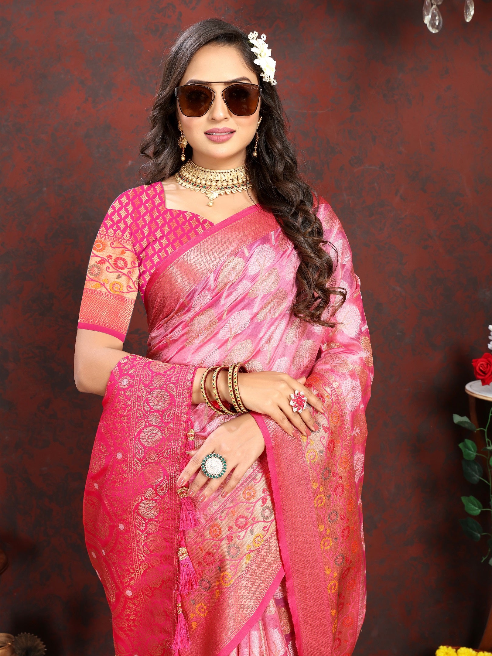 Vedant Vastram Pink Color Kanjeevaram Organza Silk Saree - Pink - Distacart