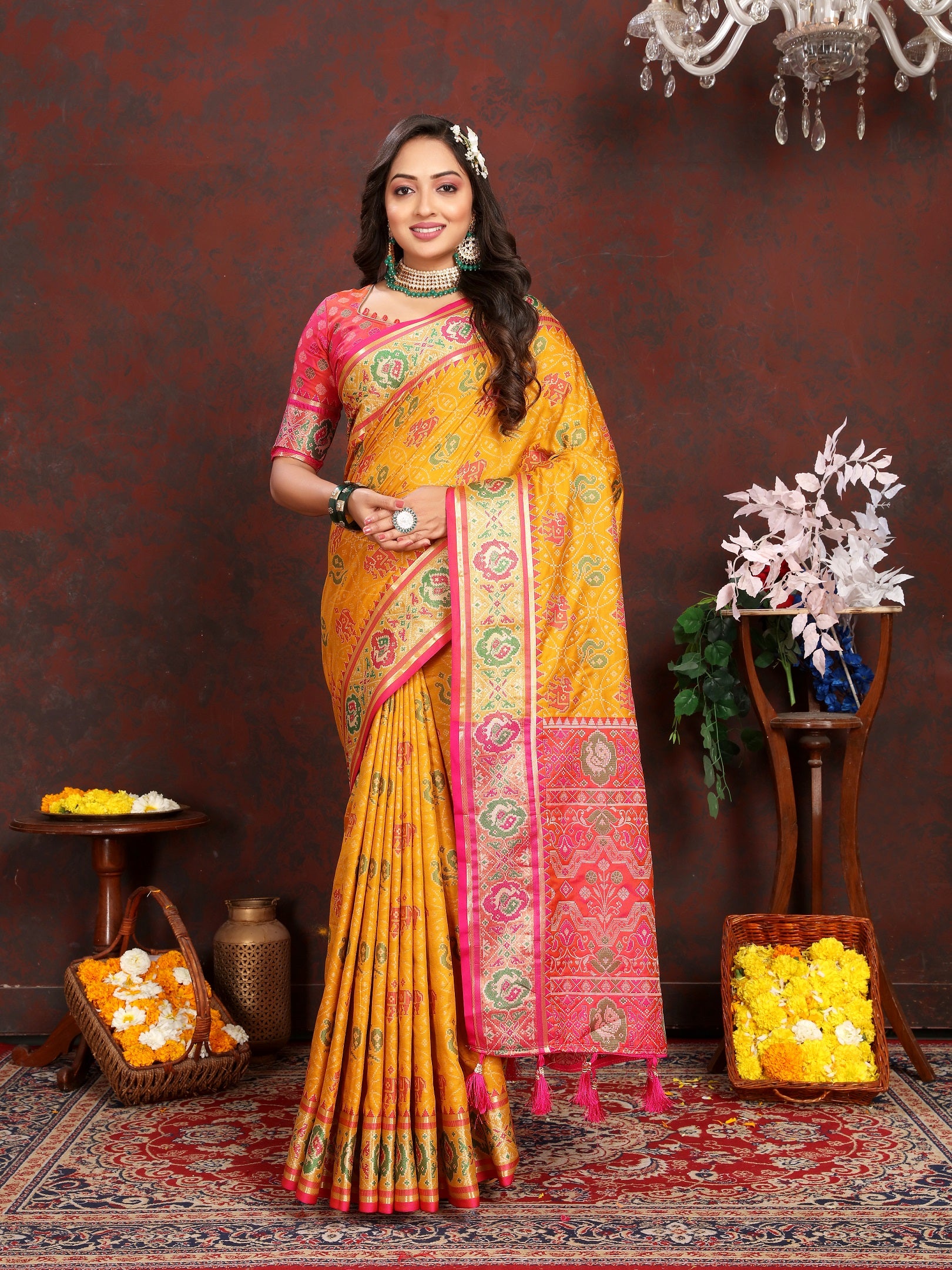 Vedant Vastram Mustard Color Kanjeevaram Patola Silk Saree - Mustard - Distacart