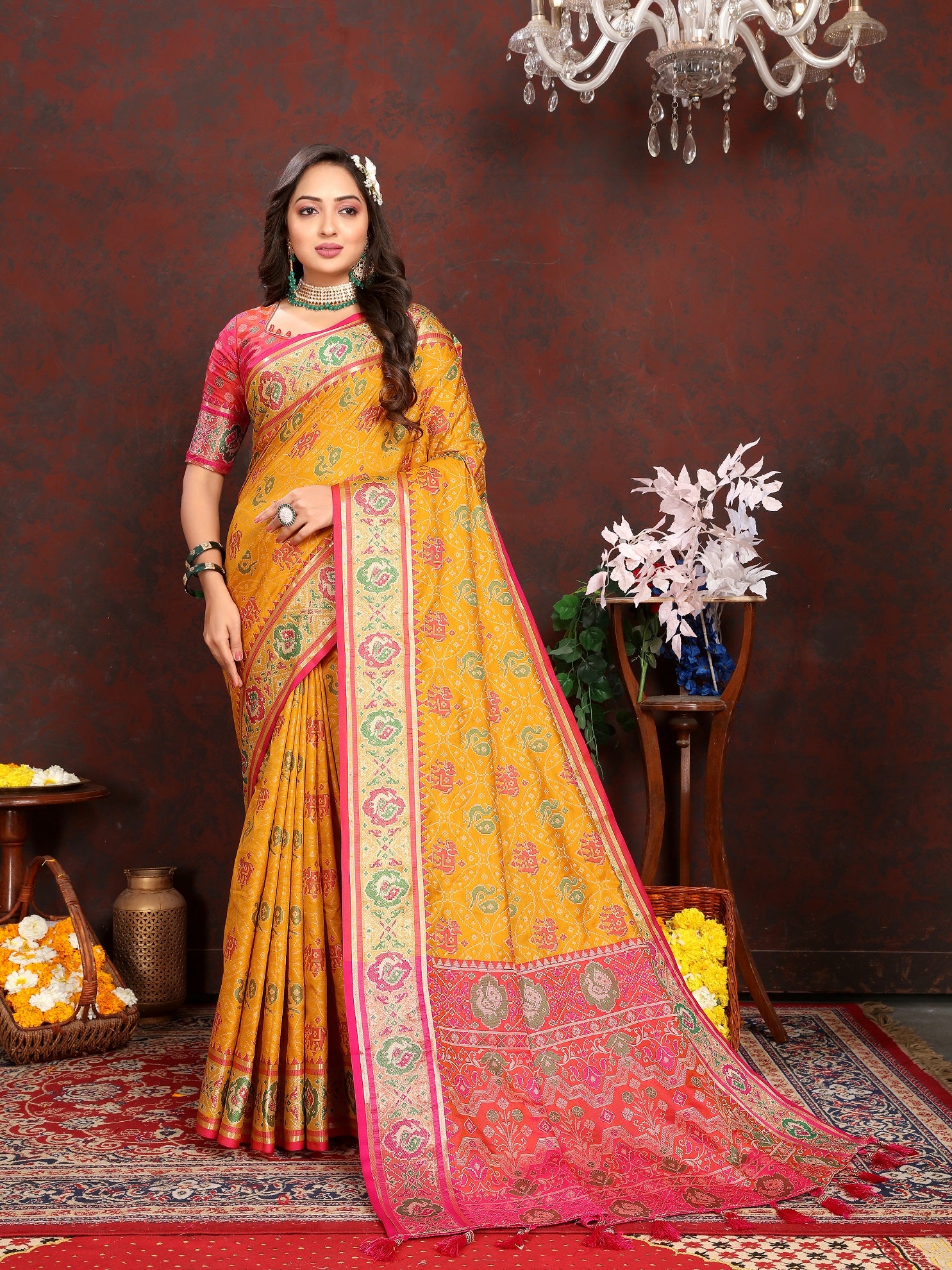 Vedant Vastram Mustard Color Kanjeevaram Patola Silk Saree - Mustard - Distacart