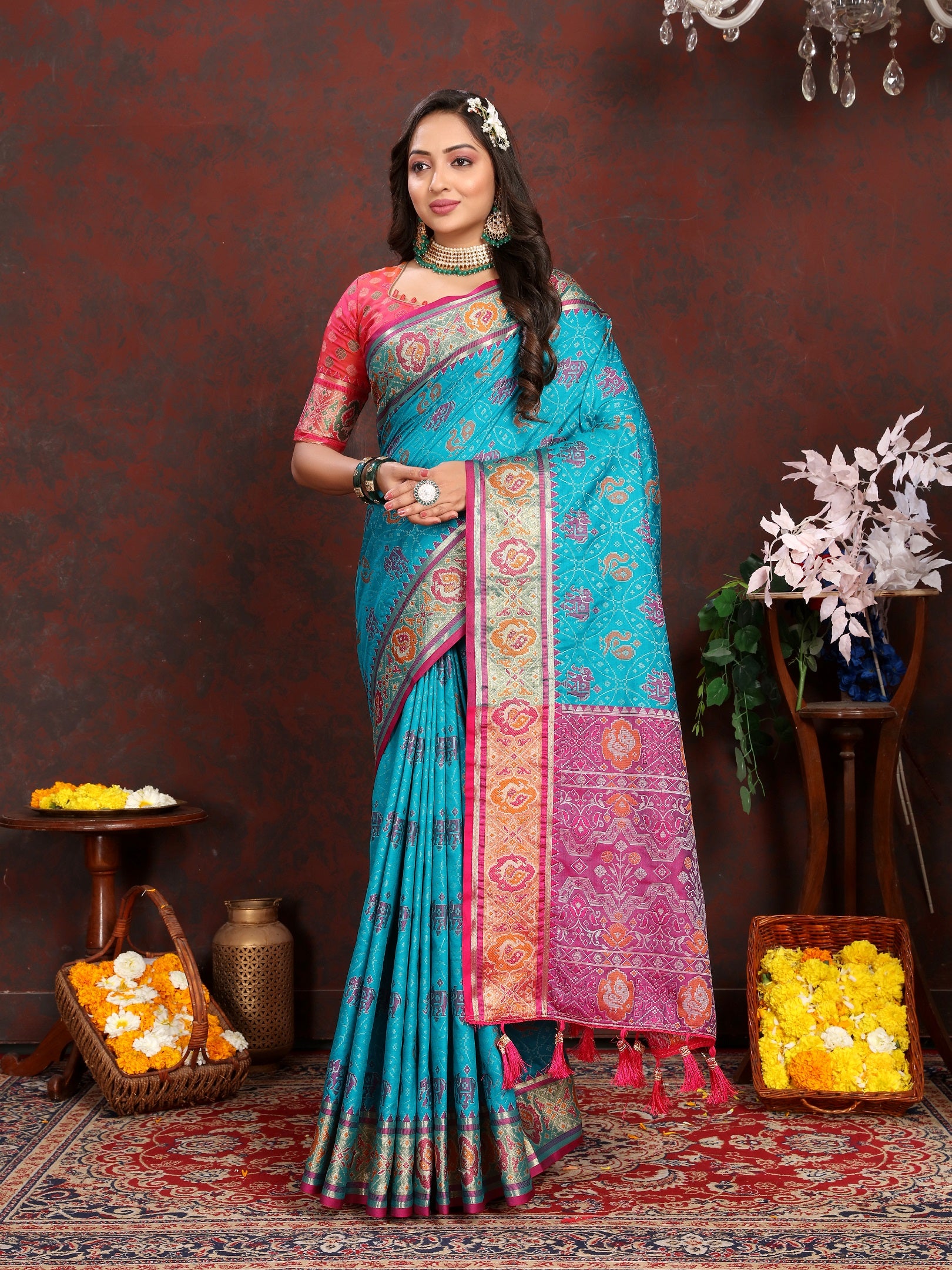 Vedant Vastram Rama Color Kanjeevaram Patola Silk Saree - Rama - Distacart
