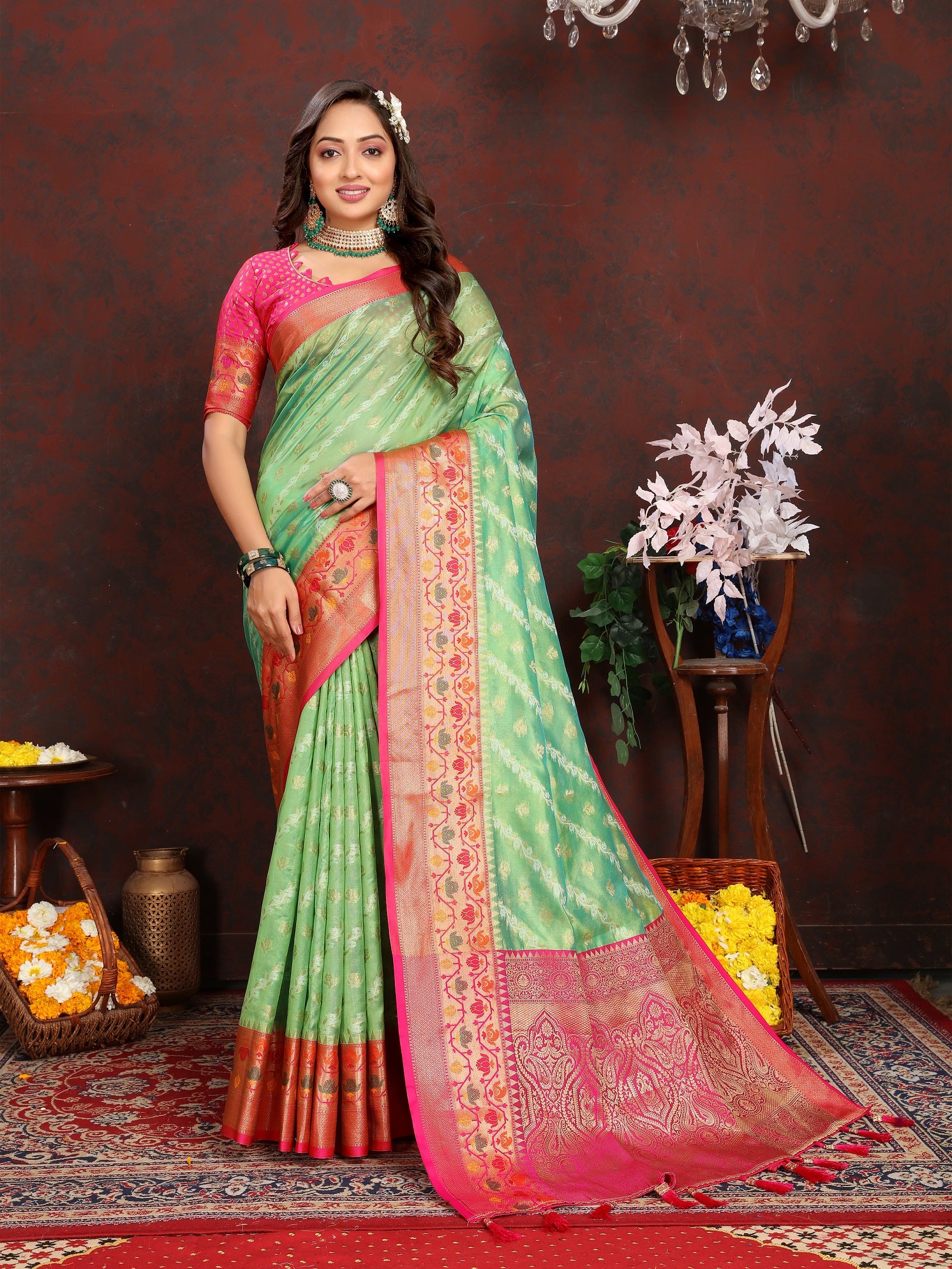 Vedant Vastram Parrot Color Kanjeevaram Organza Silk Saree - Parrot - Distacart