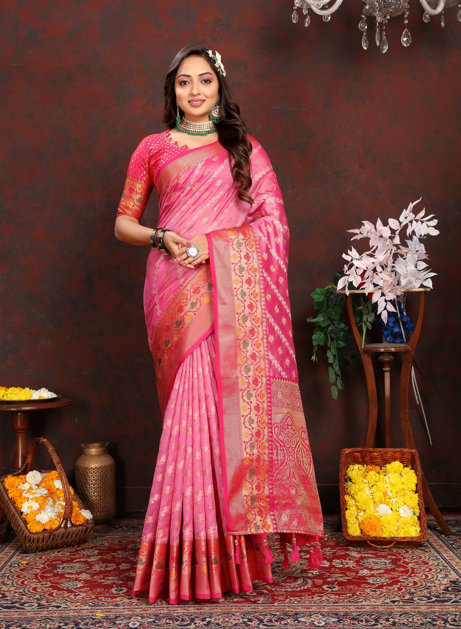 Vedant Vastram Pink Color Kanjeevaram Organza Silk Saree - Pink - Distacart