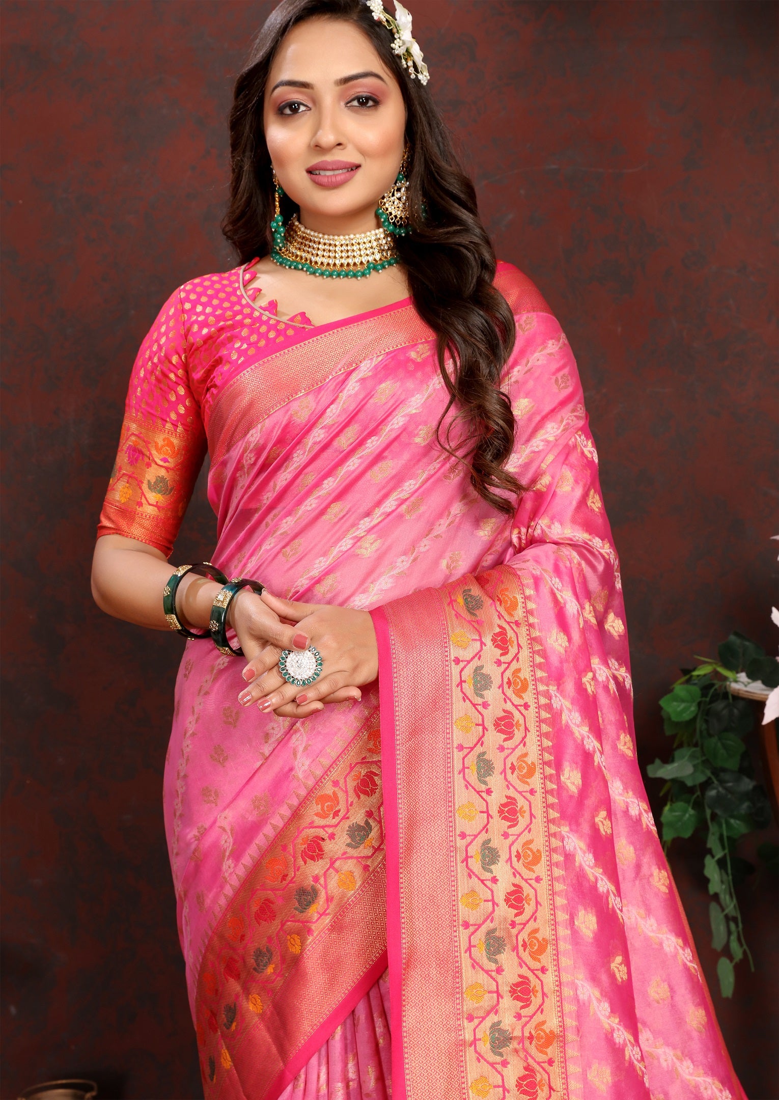 Vedant Vastram Pink Color Kanjeevaram Organza Silk Saree - Pink - Distacart