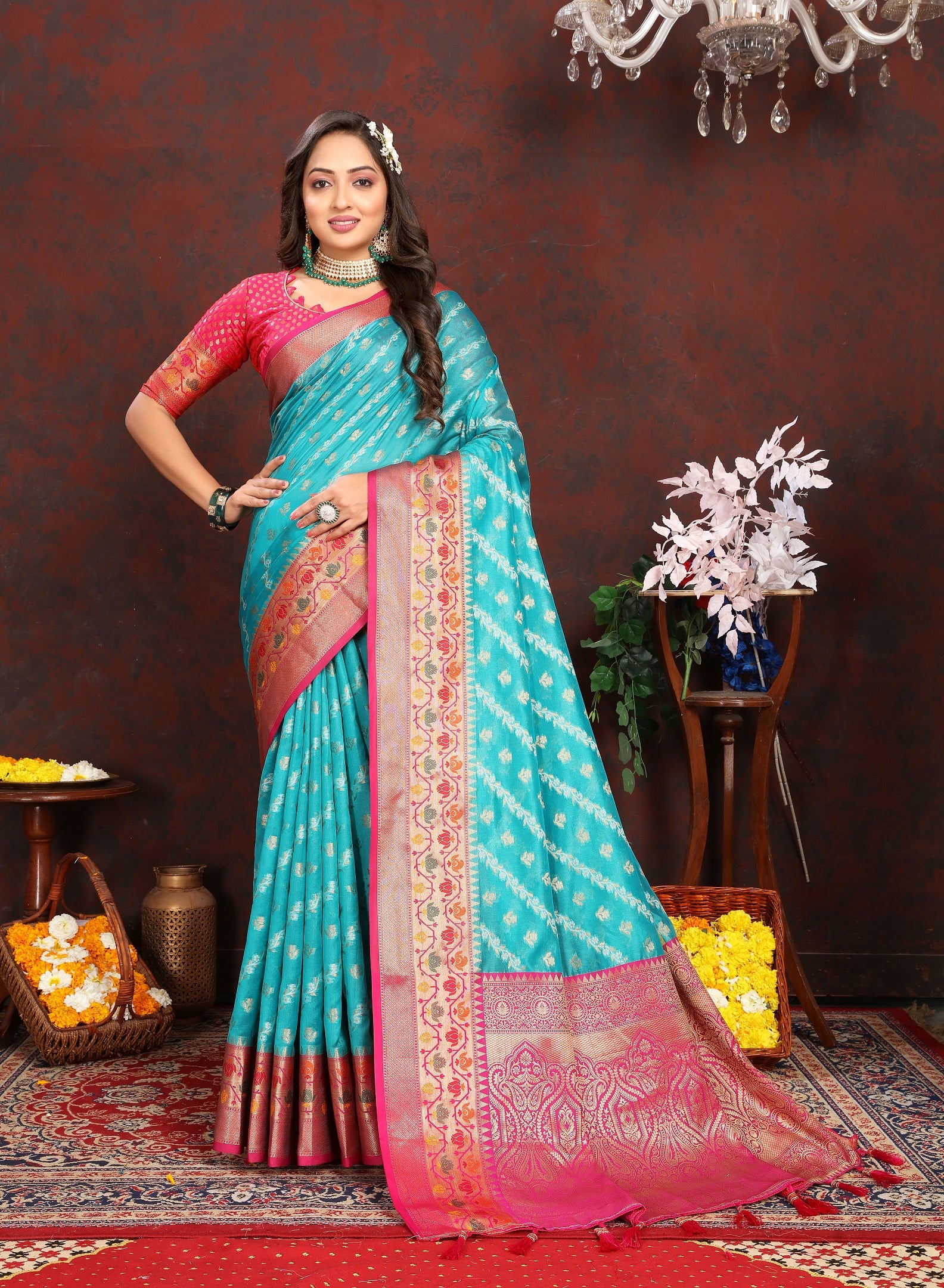 Vedant Vastram Rama Color Kanjeevaram Organza Silk Saree - Rama - Distacart