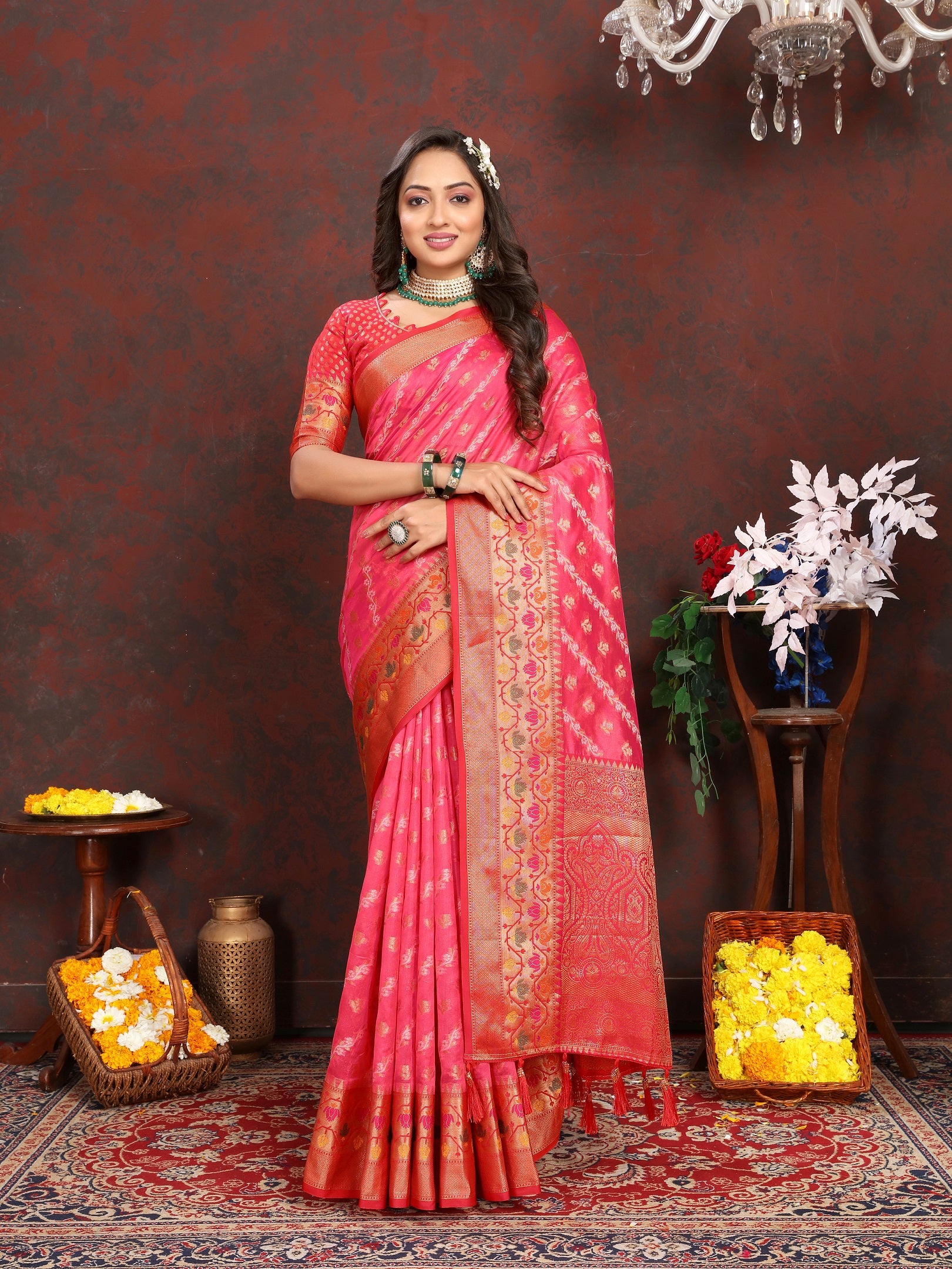 Vedant Vastram Tomato Color Kanjeevaram Organza Silk Saree - Tomato - Distacart