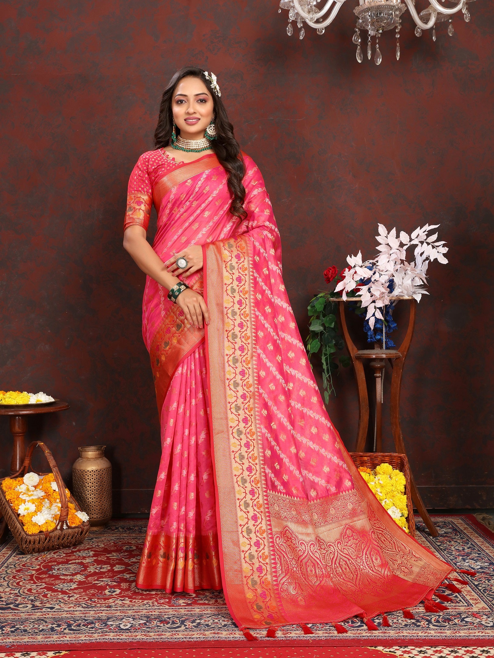 Vedant Vastram Tomato Color Kanjeevaram Organza Silk Saree - Tomato - Distacart