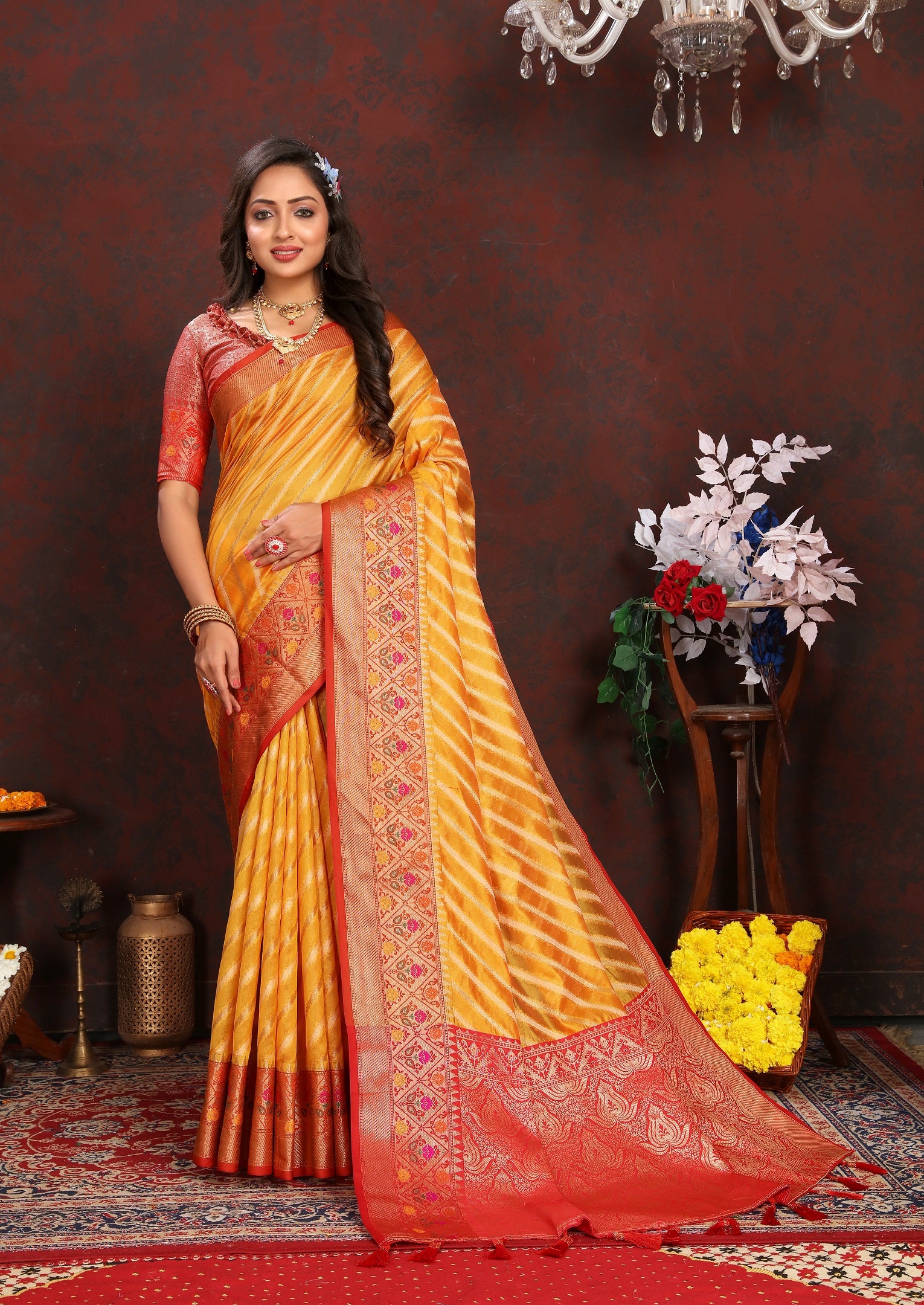 Vedant Vastram Mustard Color Kanjeevaram Organza Silk Saree - Mustard - Distacart