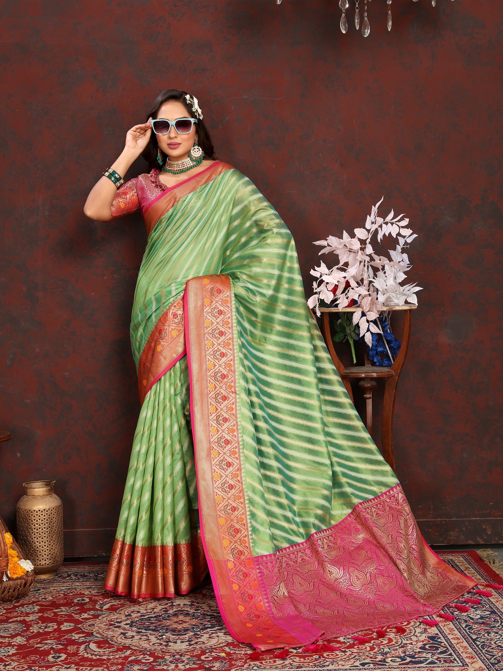 Vedant Vastram Parrot Color Kanjeevaram Organza Silk Saree - Parrot - Distacart
