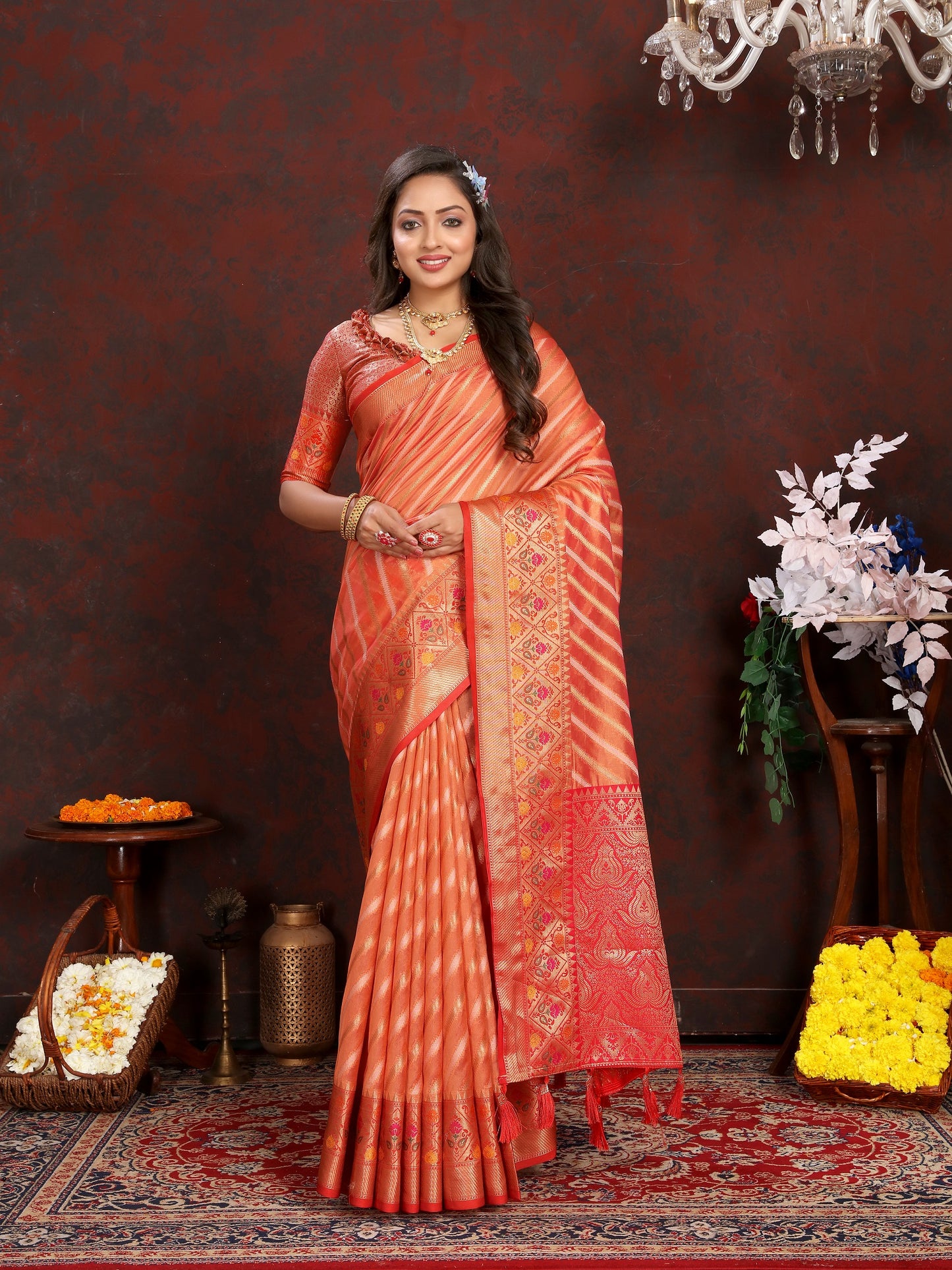 Vedant Vastram Peach Color Kanjeevaram Organza Silk Saree - Peach - Distacart
