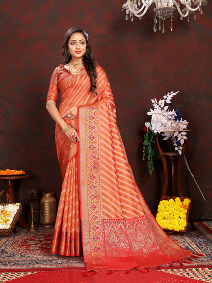 Vedant Vastram Peach Color Kanjeevaram Organza Silk Saree - Peach - Distacart
