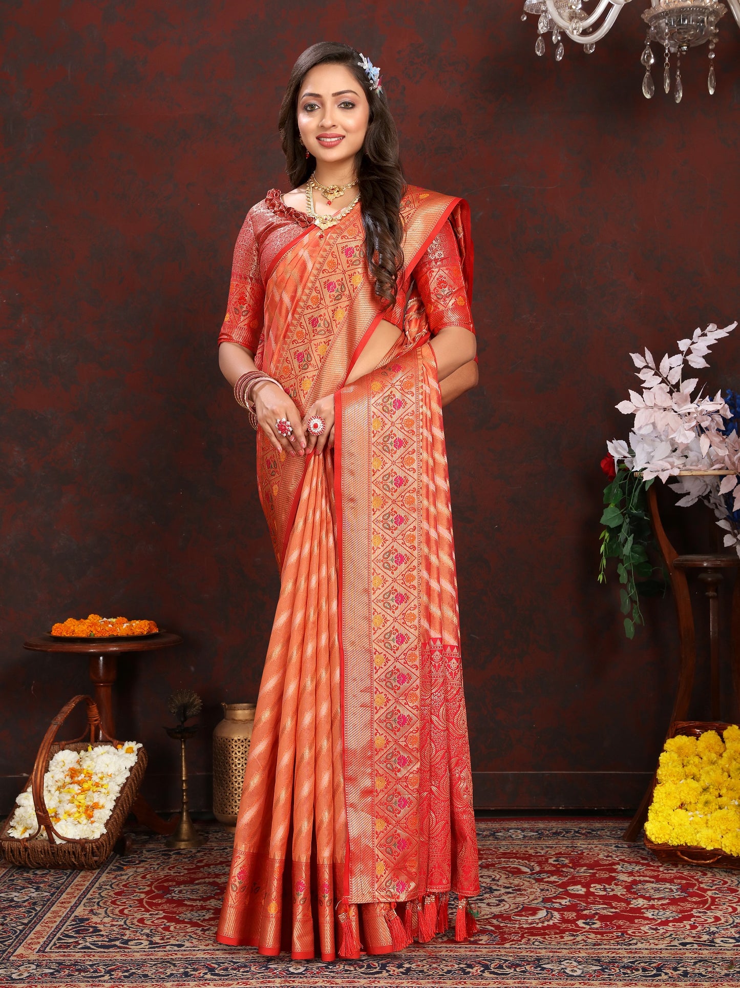 Vedant Vastram Peach Color Kanjeevaram Organza Silk Saree - Peach - Distacart
