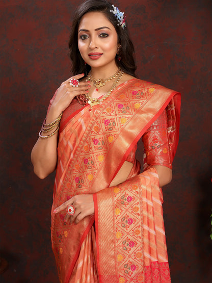 Vedant Vastram Peach Color Kanjeevaram Organza Silk Saree - Peach - Distacart