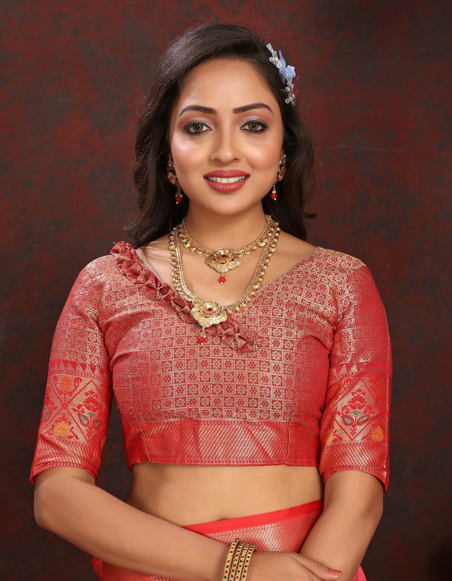 Vedant Vastram Peach Color Kanjeevaram Organza Silk Saree - Peach - Distacart