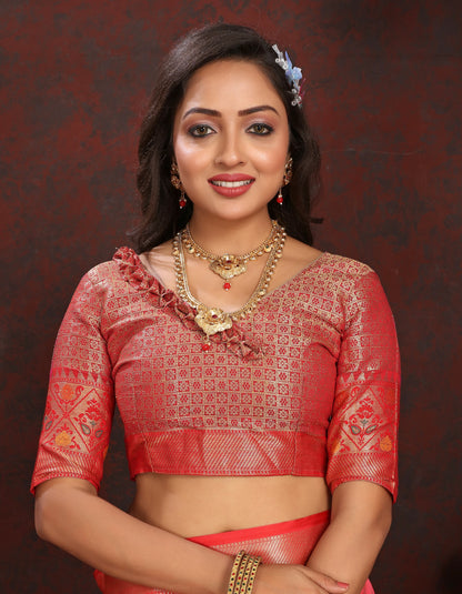 Vedant Vastram Peach Color Kanjeevaram Organza Silk Saree - Peach - Distacart