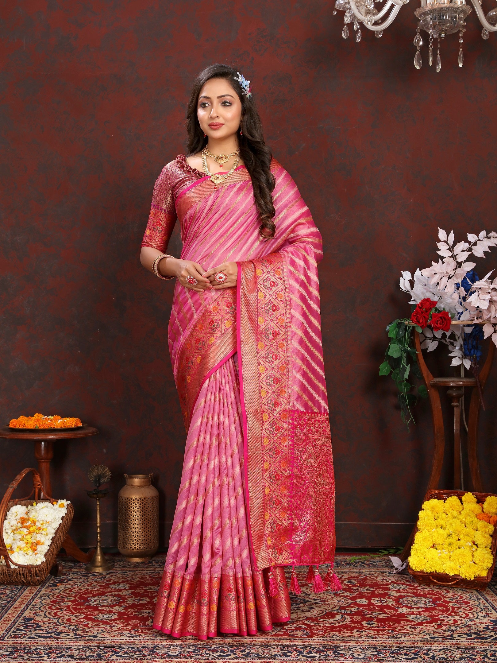 Vedant Vastram Pink Color Kanjeevaram Organza Silk Saree - Pink - Distacart