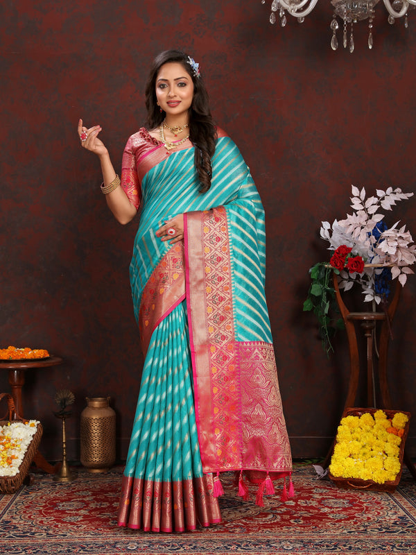 Vedant Vastram Rama Color Kanjeevaram Organza Silk Saree - Rama - Distacart