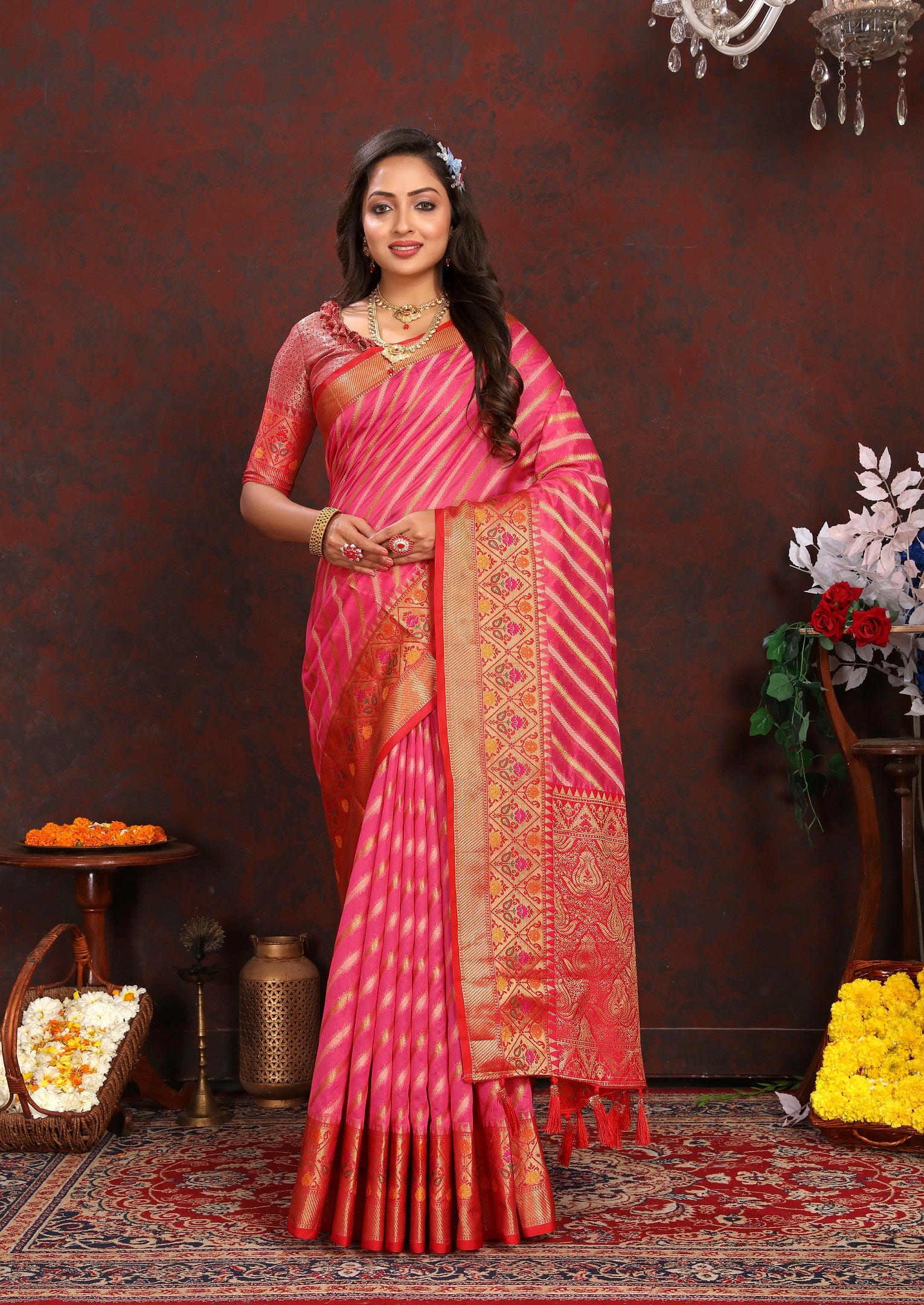 Vedant Vastram Tomato Color Kanjeevaram Organza Silk Saree - Tomato - Distacart