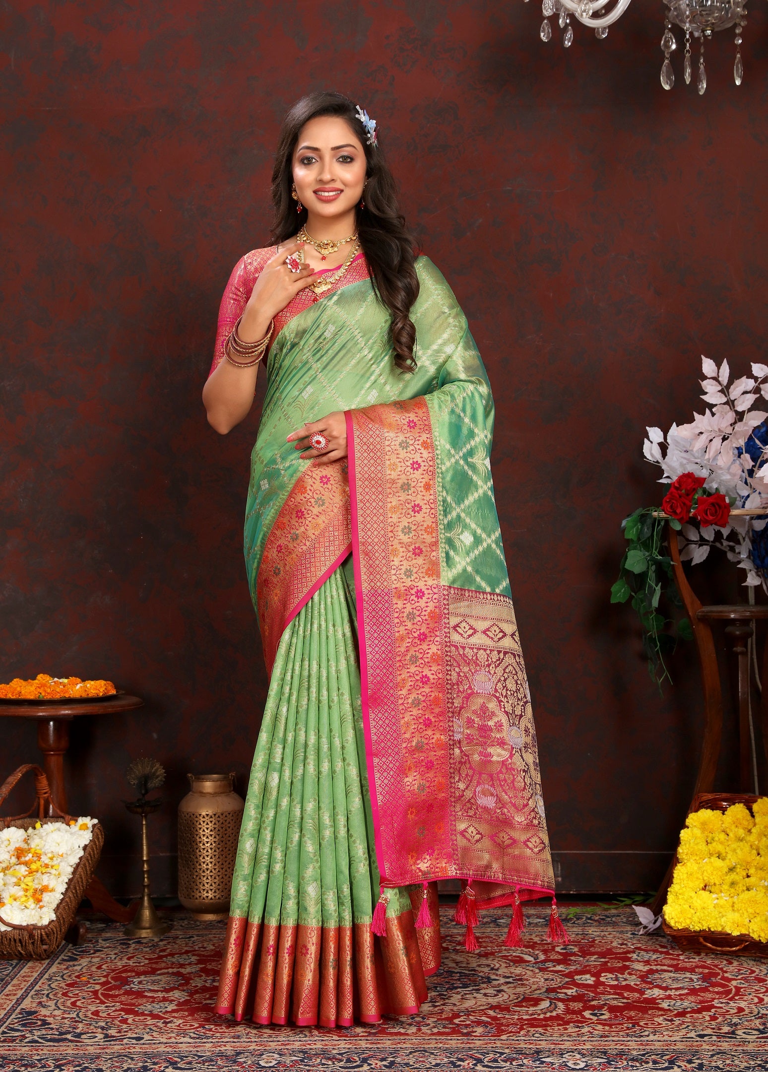 Vedant Vastram Parrot Color Kanjeevaram Organza Silk Saree - Parrot - Distacart