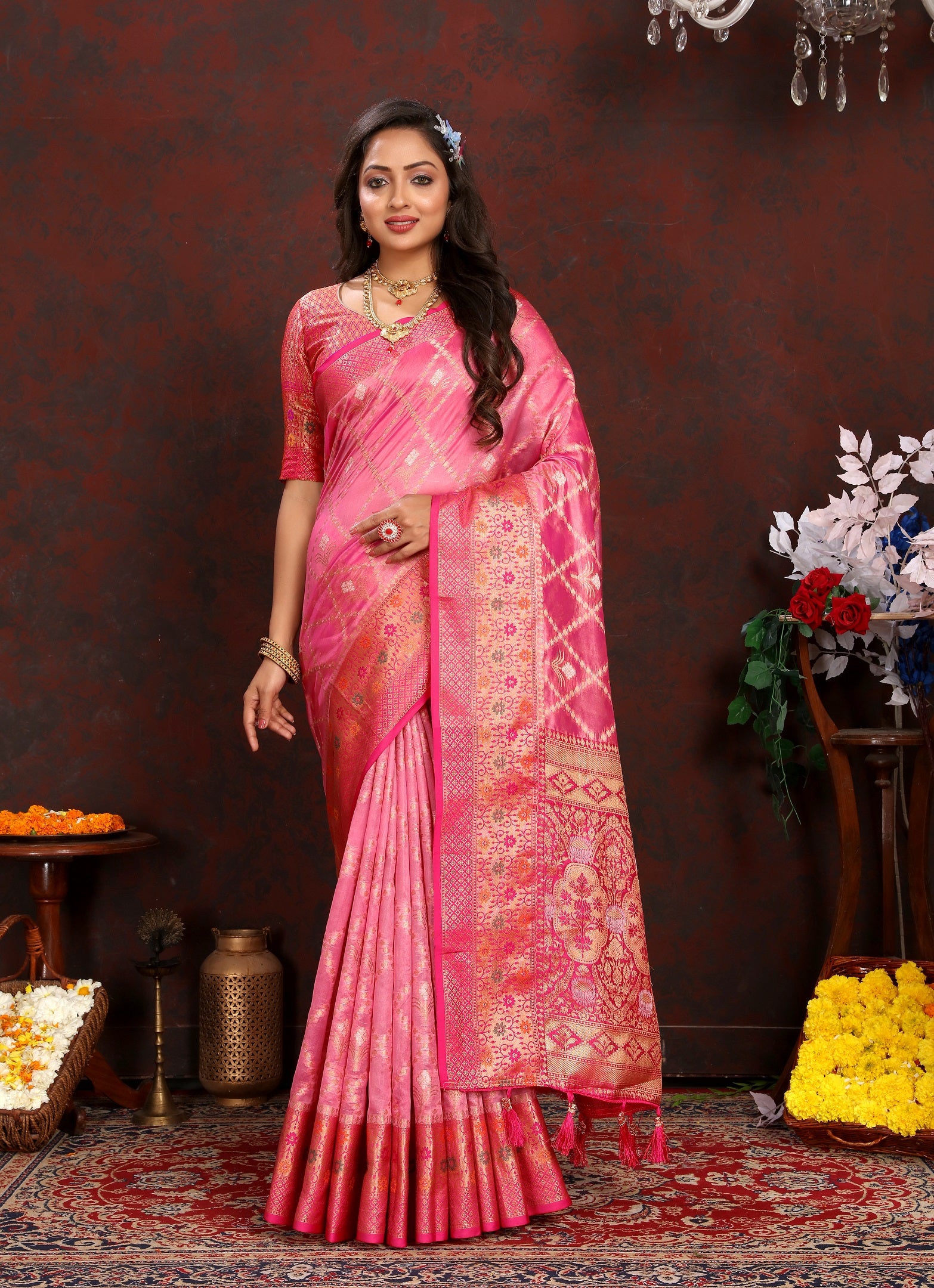 Vedant Vastram Pink Color Kanjeevaram Organza Silk Saree - Pink - Distacart