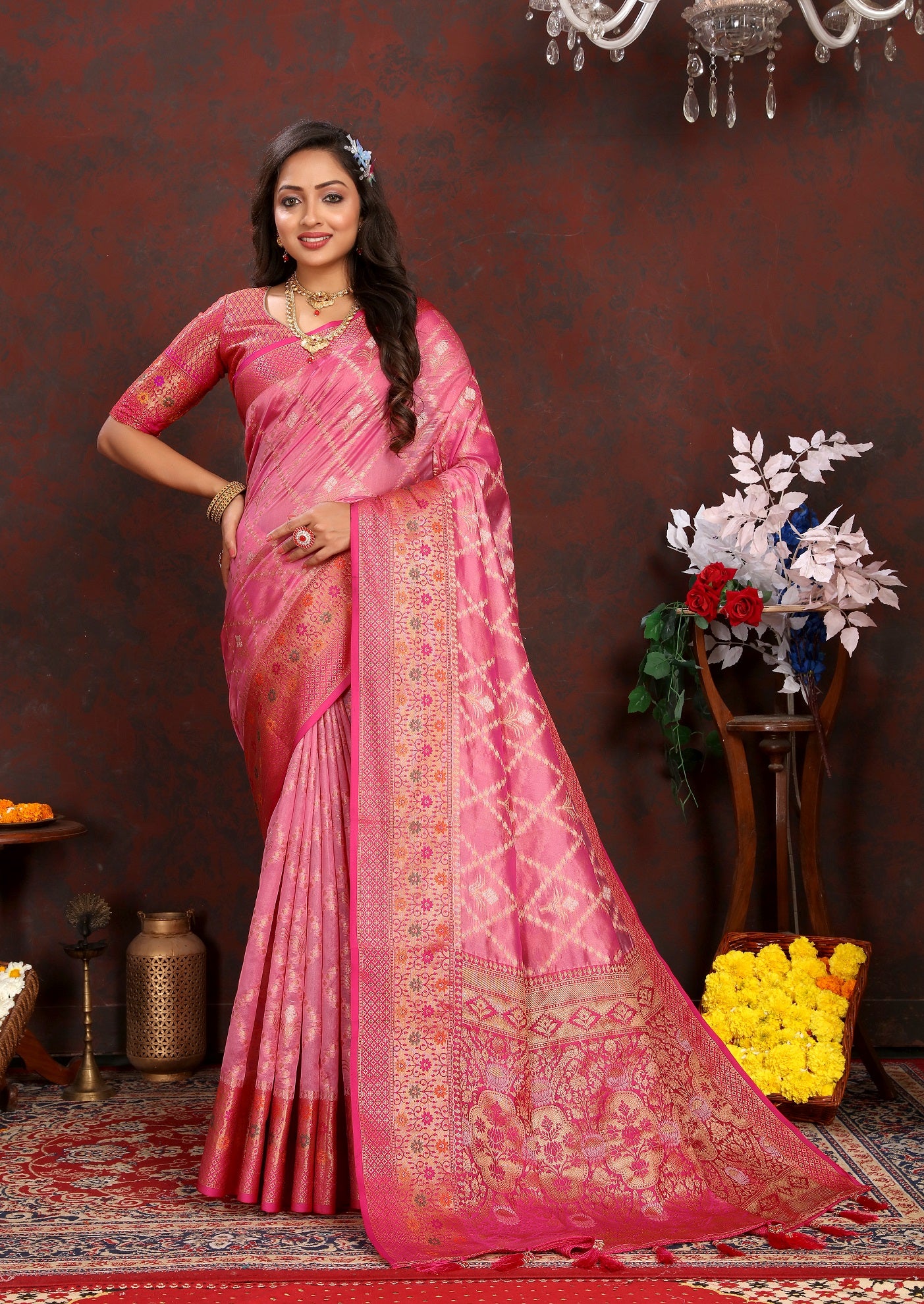 Vedant Vastram Pink Color Kanjeevaram Organza Silk Saree - Pink - Distacart