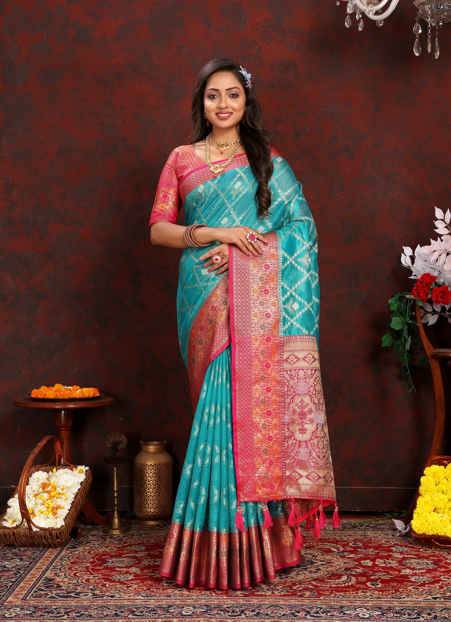 Vedant Vastram Rama Color Kanjeevaram Organza Silk Saree - Rama - Distacart