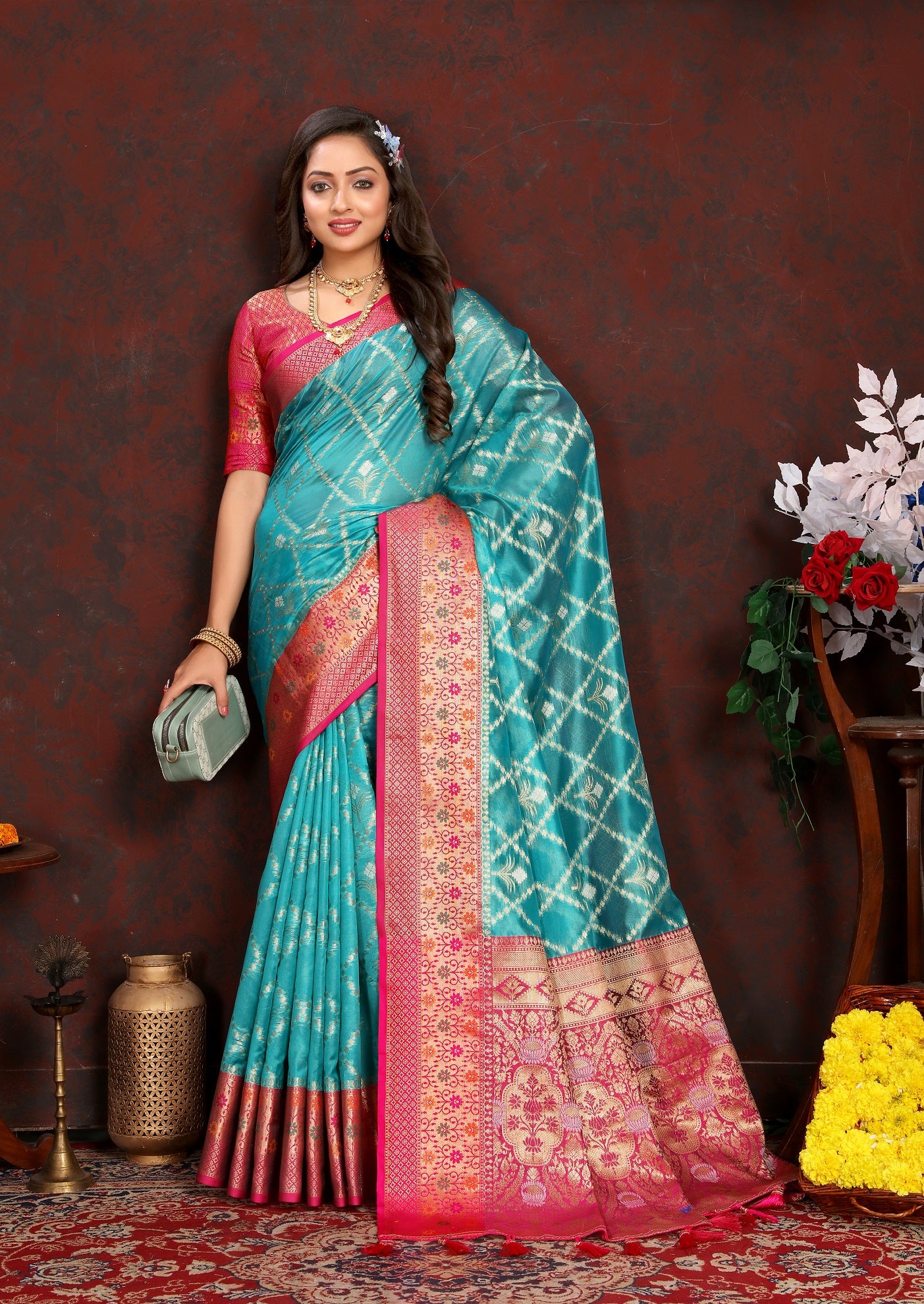 Vedant Vastram Rama Color Kanjeevaram Organza Silk Saree - Rama - Distacart