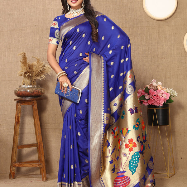 Vedant Vastram Blue Color Paithani Silk Saree - Blue - Distacart