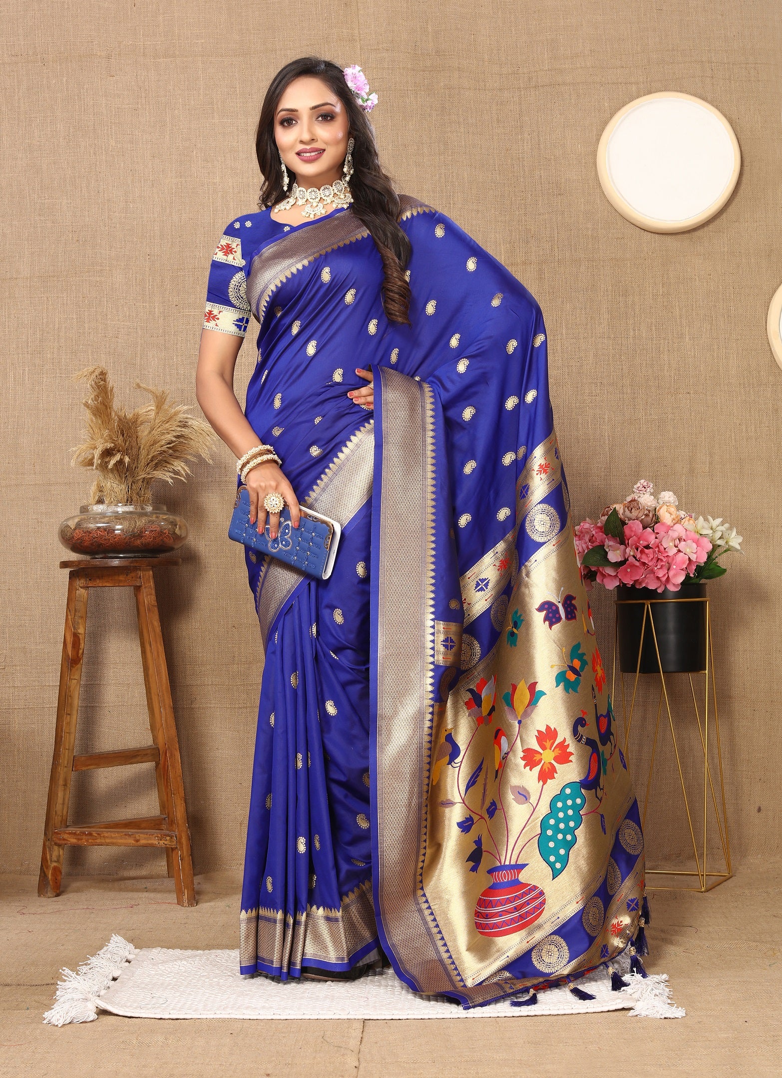 Vedant Vastram Blue Color Paithani Silk Saree - Blue - Distacart