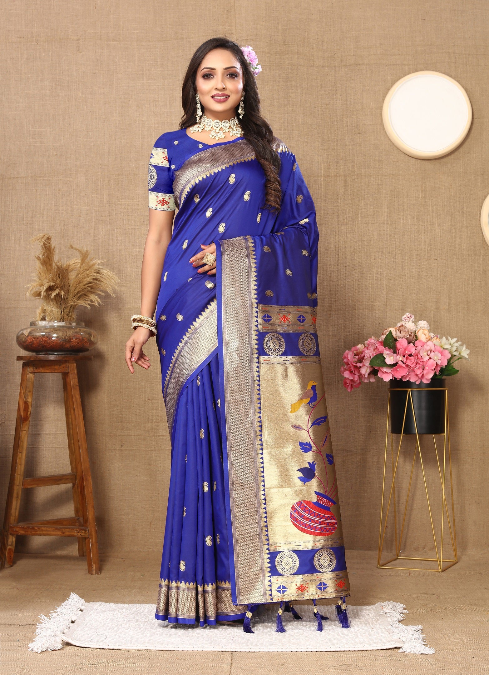 Vedant Vastram Blue Color Paithani Silk Saree - Blue - Distacart