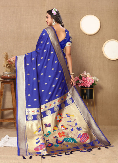 Vedant Vastram Blue Color Paithani Silk Saree - Blue - Distacart