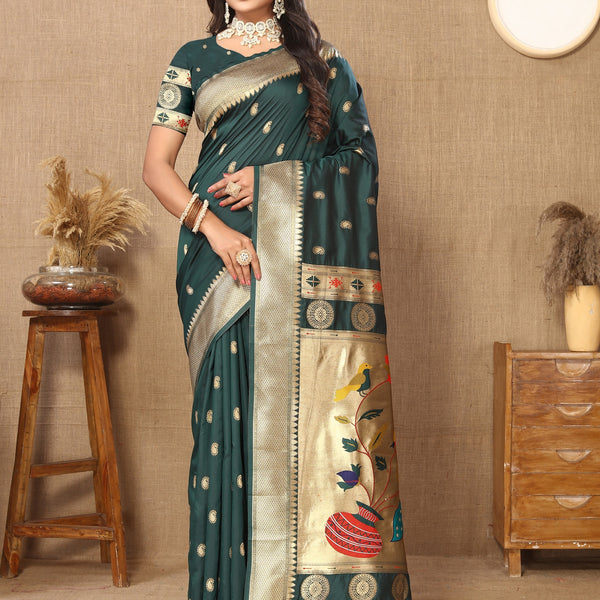 Vedant Vastram Bottle Green Color Paithani Silk Saree - Bottle Green - Distacart