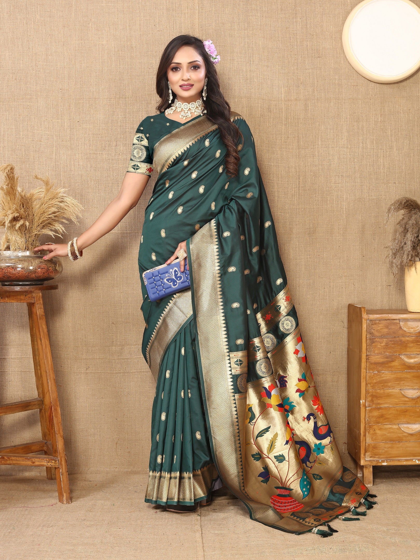 Vedant Vastram Bottle Green Color Paithani Silk Saree - Bottle Green - Distacart