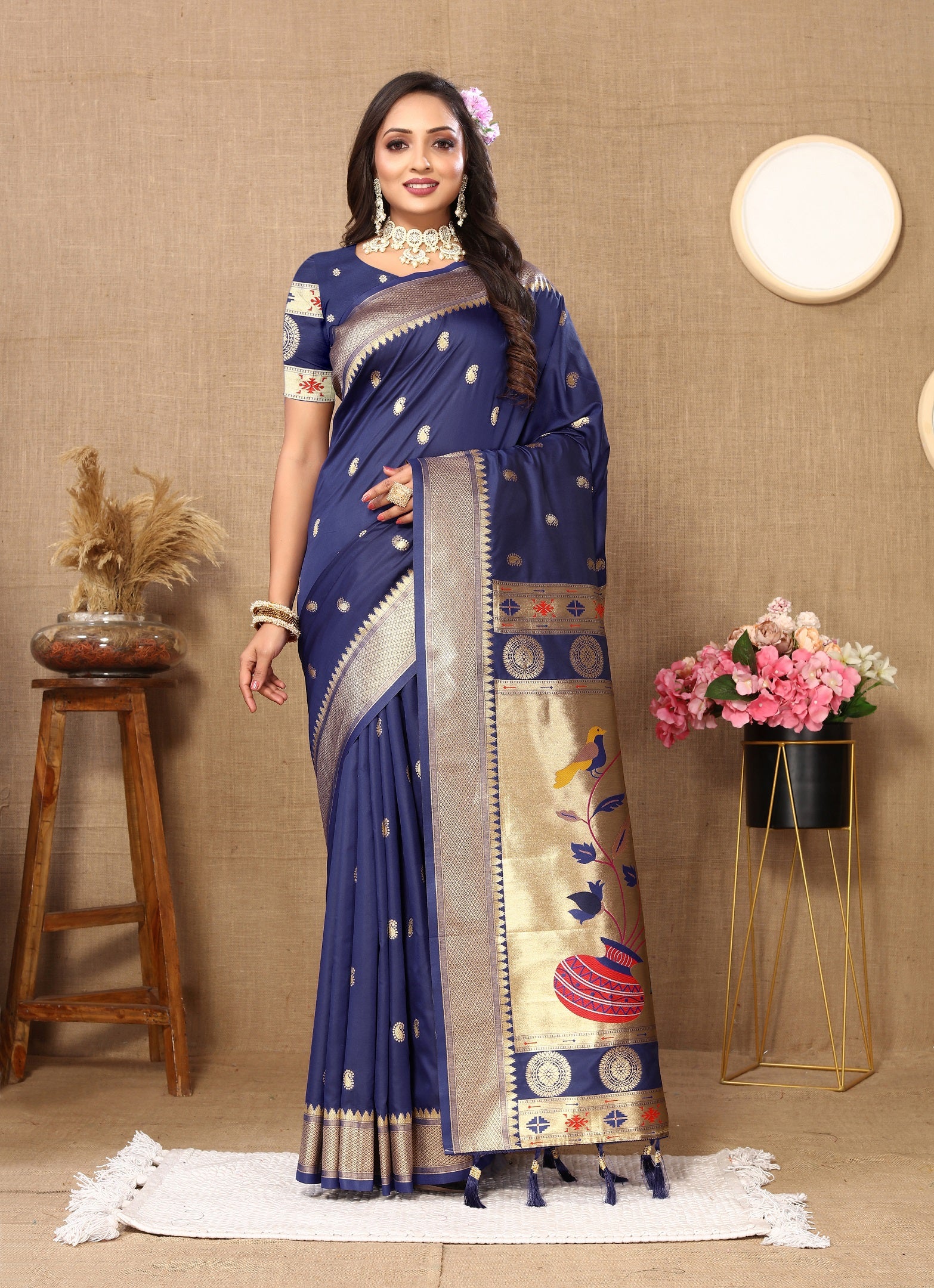 Vedant Vastram Navy Blue Color Paithani Silk Saree - Navy Blue - Distacart