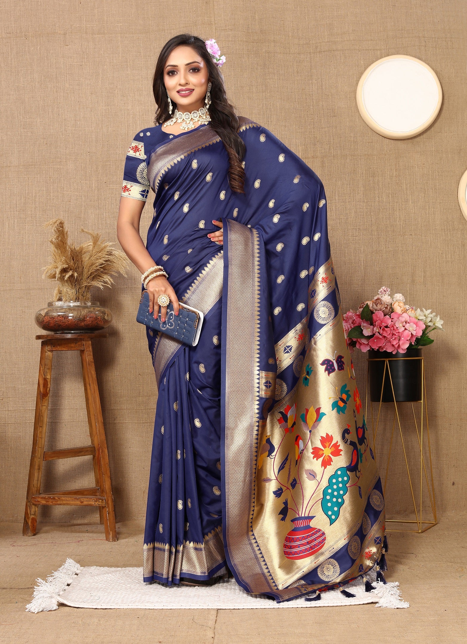 Vedant Vastram Navy Blue Color Paithani Silk Saree - Navy Blue - Distacart