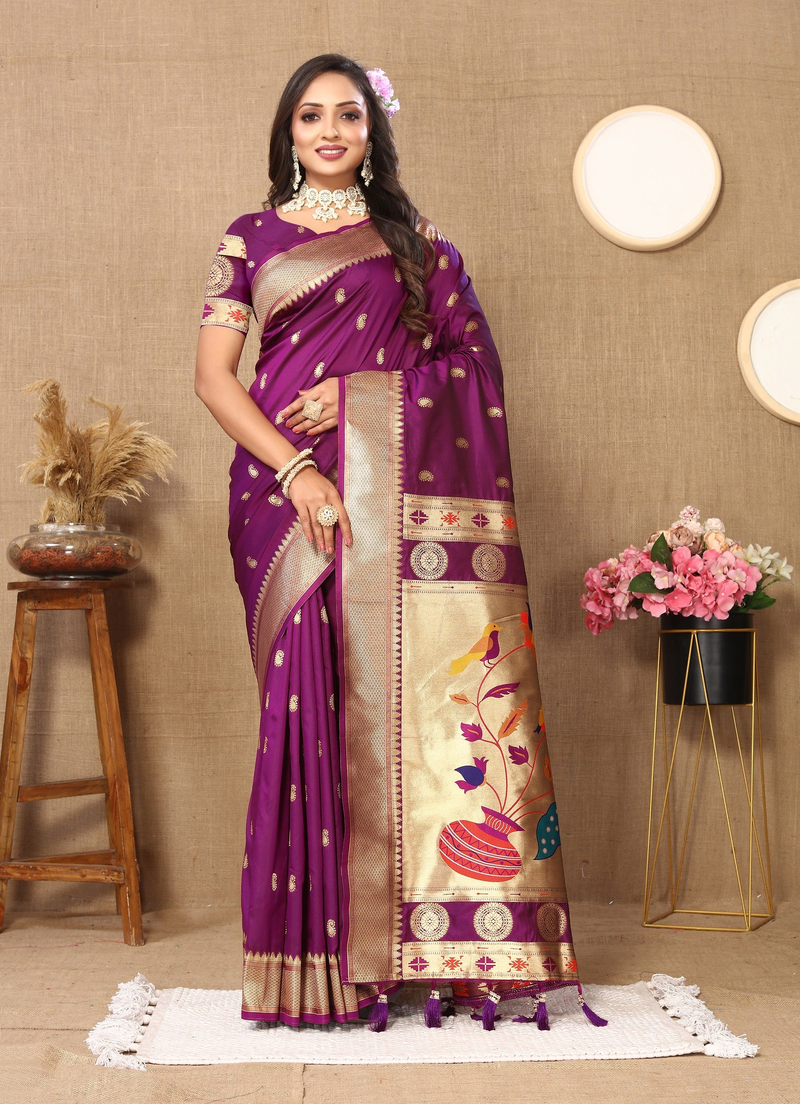 Vedant Vastram Purple Color Paithani Silk Saree - Purple - Distacart