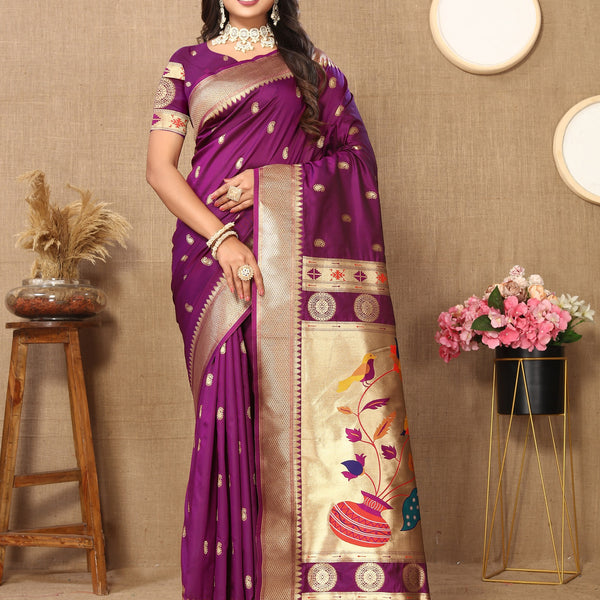 Vedant Vastram Purple Color Paithani Silk Saree - Purple - Distacart