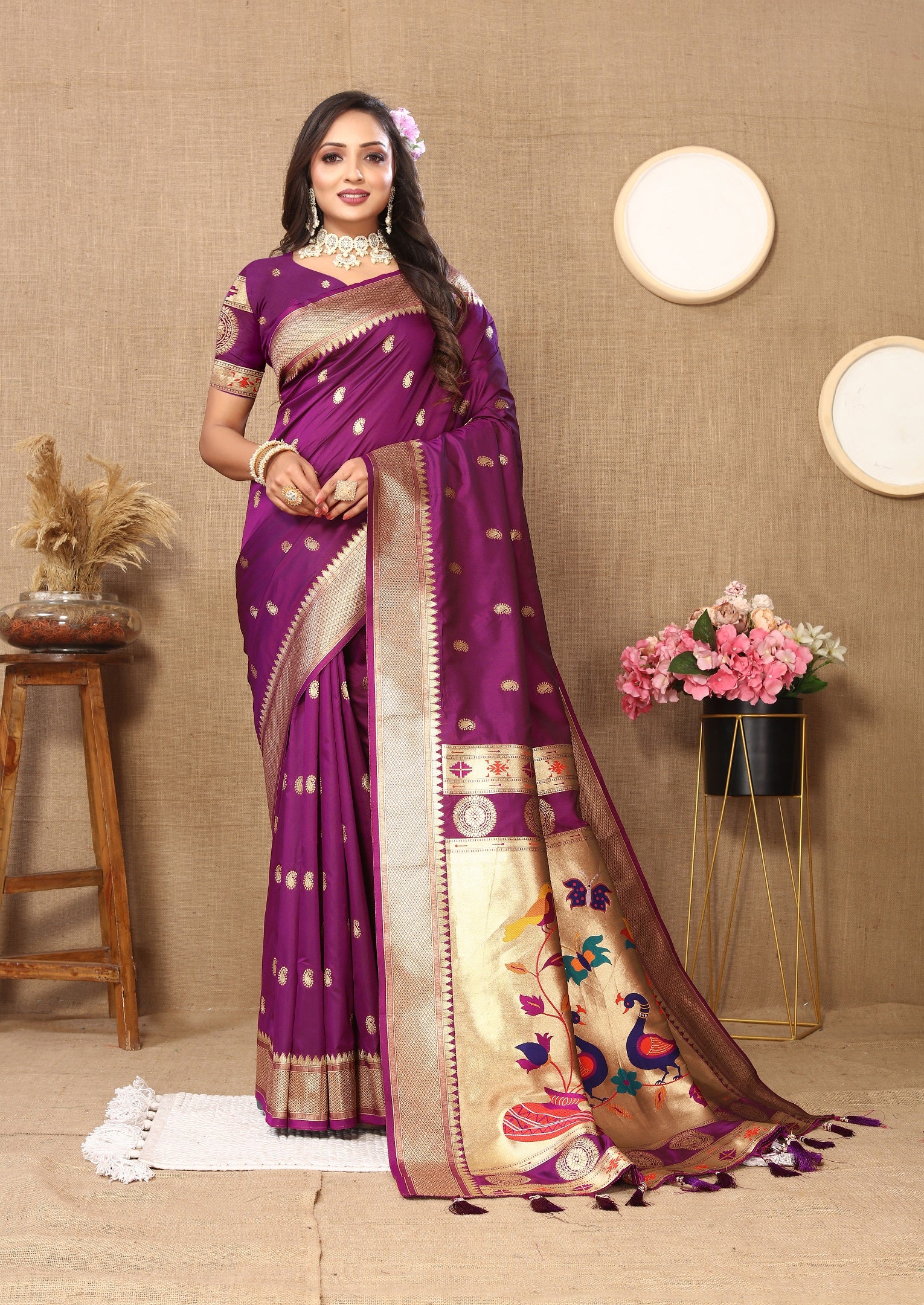 Vedant Vastram Purple Color Paithani Silk Saree - Purple - Distacart