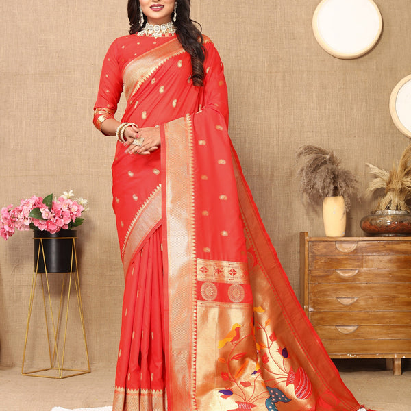 Vedant Vastram Red Color Paithani Silk Saree - Red - Distacart
