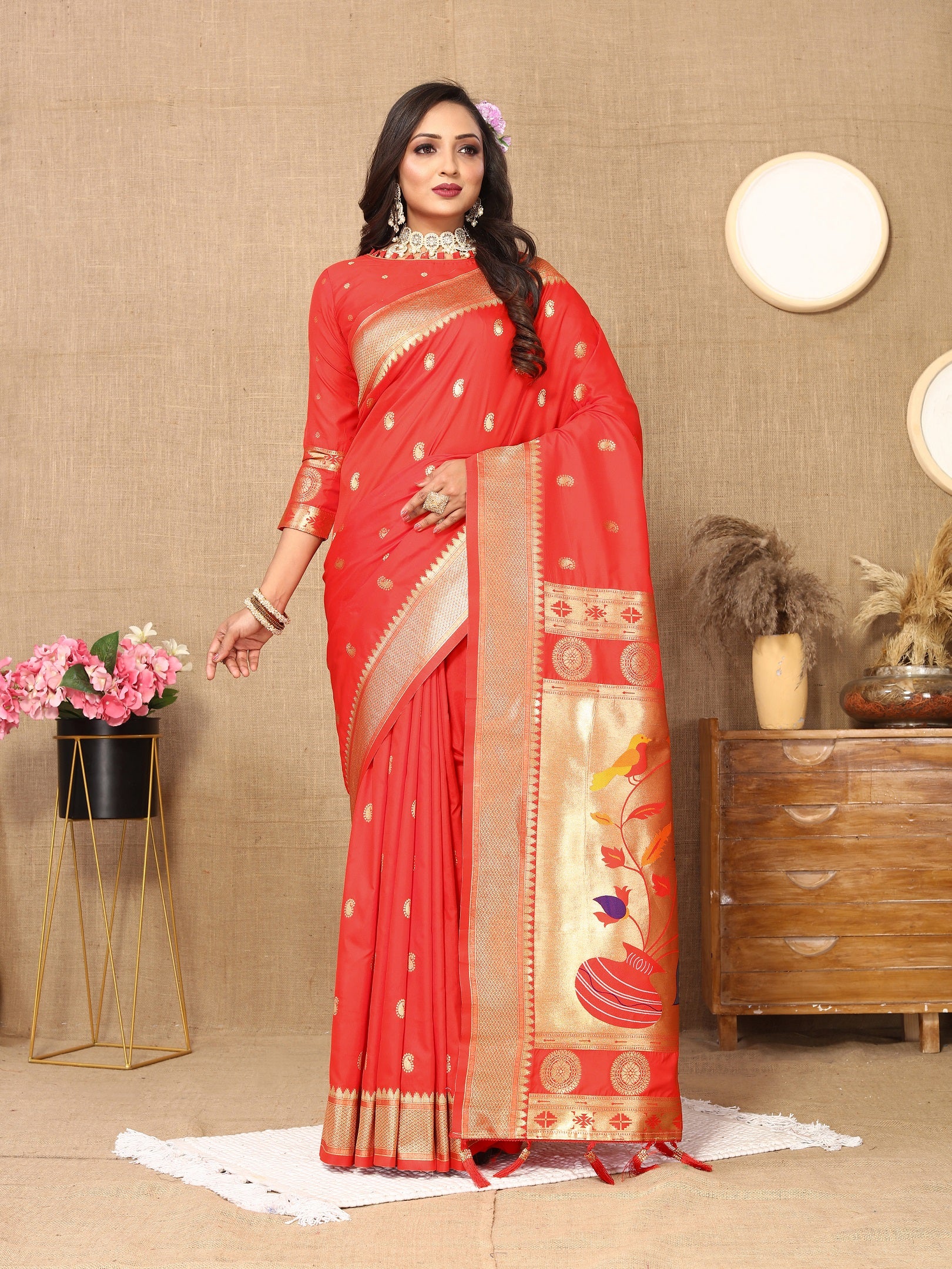 Vedant Vastram Red Color Paithani Silk Saree - Red - Distacart