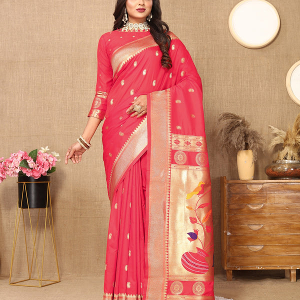 Vedant Vastram Tomato Color Paithani Silk Saree - Tomato - Distacart