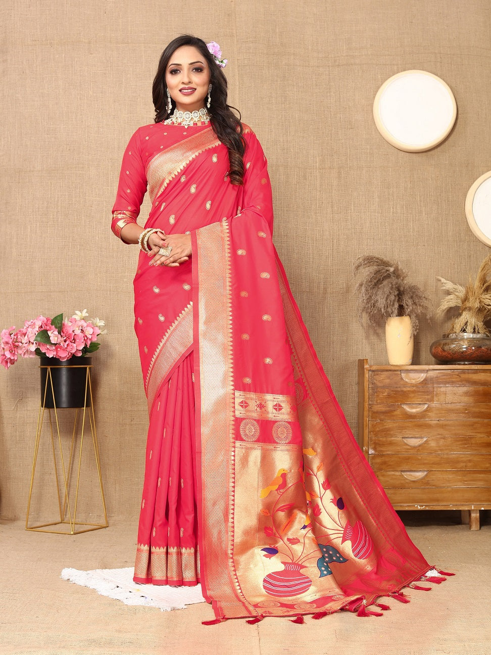 Vedant Vastram Tomato Color Paithani Silk Saree - Tomato - Distacart