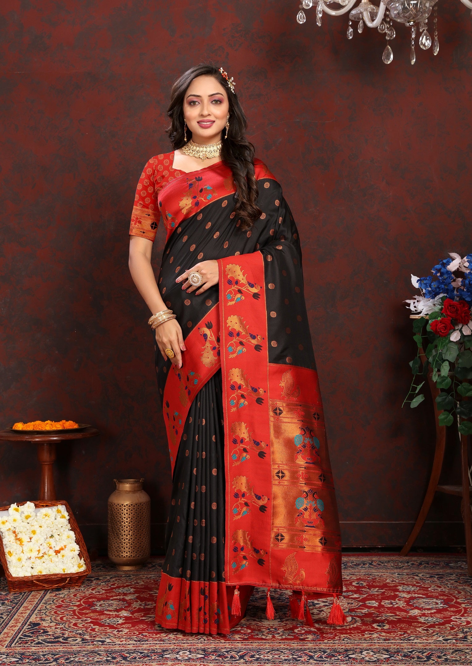 Vedant Vastram Black Color Paithani Silk Saree - Black - Distacart