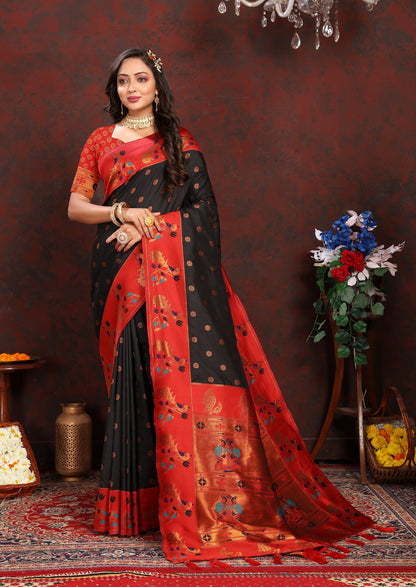 Vedant Vastram Black Color Paithani Silk Saree - Black - Distacart