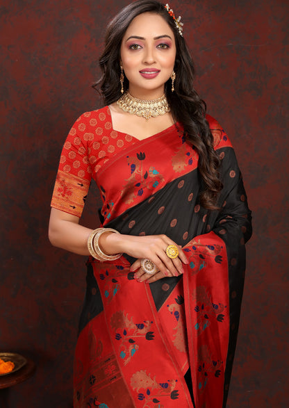Vedant Vastram Black Color Paithani Silk Saree - Black - Distacart
