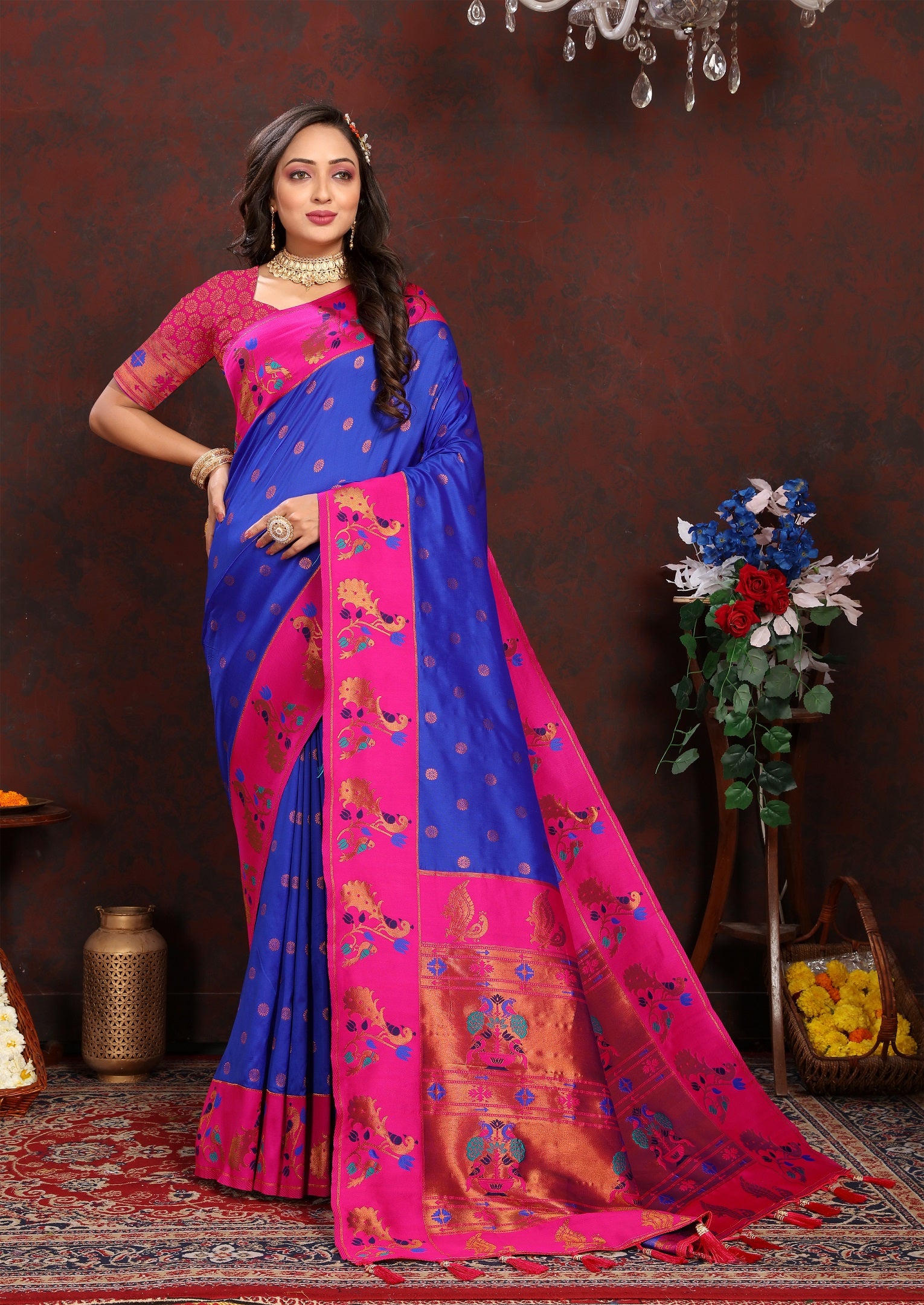 Vedant Vastram Blue Color Paithani Silk Saree - Blue - Distacart