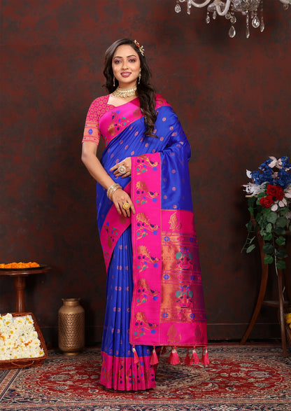 Vedant Vastram Blue Color Paithani Silk Saree - Blue - Distacart