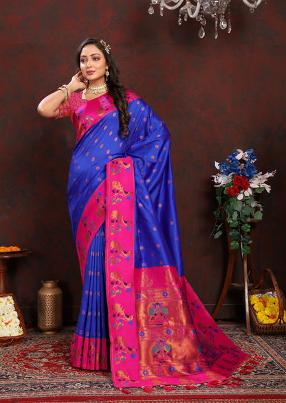 Vedant Vastram Blue Color Paithani Silk Saree - Blue - Distacart