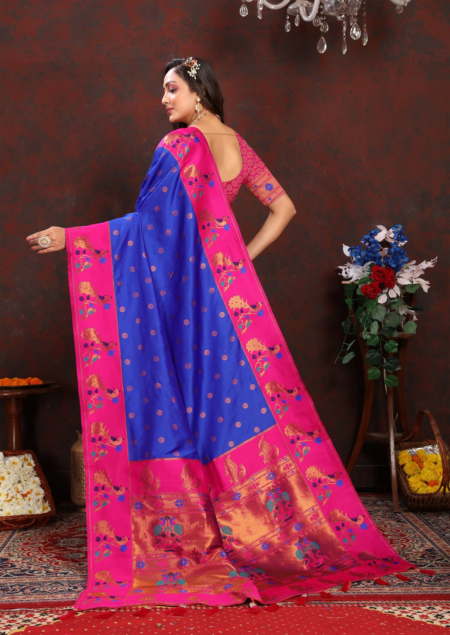 Vedant Vastram Blue Color Paithani Silk Saree - Blue - Distacart